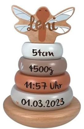 Mainely Personalisierbarer Holz-Stapelturm Nougat – Taufgeschenk – fördert Feinmotorik & Koordination – für Kinder ab 12 Monaten – personalisiert mit Namen & Taufdatum – Label Label