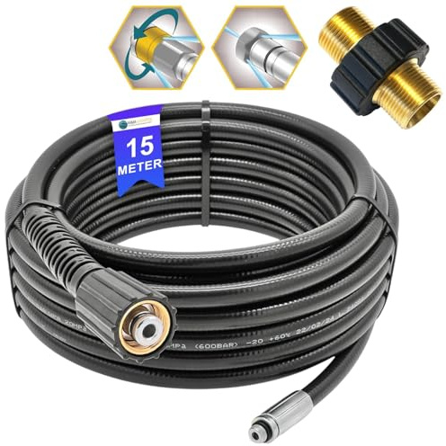 M&M Smartek Rohrreinigungsschlauch 15m, Profi-Set mit 200 bar | Starre und rotierende Edelstahldüse öffnen Blockaden und unterstützen den Vortrieb; M22-Kupplung für HD/HDS und Kränzle.