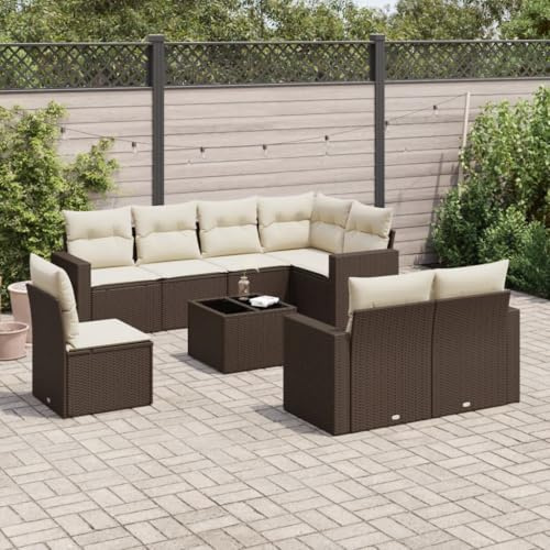 Frdhee Ecksofa Klein Eckbankgruppe,9-TLG. Garten-Sofagarnitur mit Kissen Braun Poly Rattan,Terrassenmöbel für Hinterhof,Balkon und Terrasse