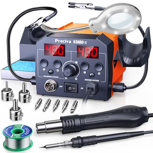 Preciva Station de Soudage 2-en-1 avec Air Chaud et Fer à Souder, Lampe LED Grossissante 5×, Bras de Maintien, Mode Veille, Kit Complet pour Réparation de Circuits Imprimés