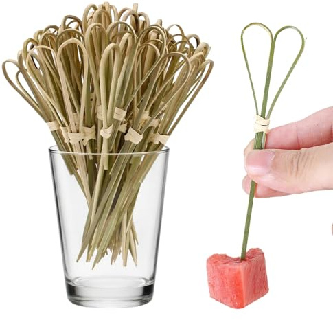 100PCS Bamboos Cocktail Picks,Heart Shape Bamboo Skewers for Appetizers, Cocktail Toothpicks, Handmade Knot Bamboo Toothpicks Cocktail Skewers,BBQ Accessories,Fruit Pick Sticks(4.7 Inch)