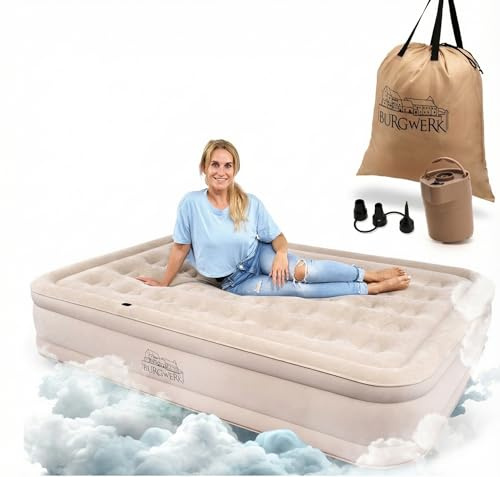 Burgwerk Luftbett für 2 Personen | Edles Gästebett & Campingbett | Aufblasbare Matratze mit Elektropumpe 150x200 | Selbstaufblasende Luftmatratze