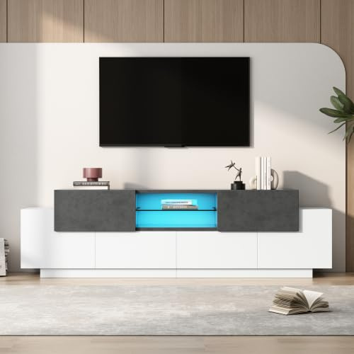 Merax Meuble TV LED 180 cm - Avec étagère en verre et éclairage RVB - Meuble TV moderne pour téléviseur de 80/75/70/65/55 - Blanc + gris - Pour salon et chambre à coucher