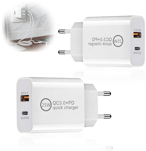 Lot de 2 Chargeur USB C pour Samsung 25W 4 Port USB-C et USB-A Super Rapide Prise Secteur Adaptateur Multi Secteur PD+QC 3.0 Type C Adaptateur pour Galaxy S24/S23/S22/S21 pour iPhone 16/15/14 Device