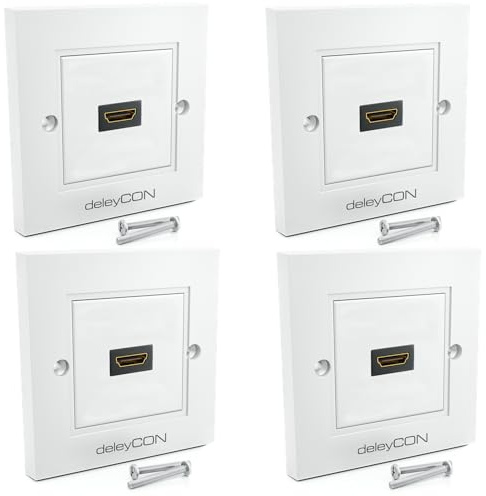 deleyCON 4x HDMI Prise Boîtier Mural 1x Port Montage Encastrée - EARC, Haut Débit, 4K/8K FULL HD Support - pour TV, PS5, Barre de Son, Dolby, HiFi - 80x80mm - Blanc