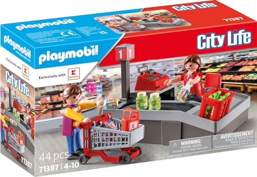 PLAYMOBIL Kaufland 71387 Supermarkt Kasse mit Kassiererin & Kunde Einkaufswagen Waren Getränkekasten, Milch, Saft, Gemüse. Als Geschenk für Kinder für den Einkaufsladen oder das Geschäft