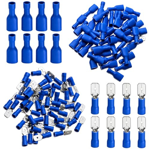 Msjuwek 100Pcs 14-16AWG Electrical Crimp Connectors Kit, Insulated Spade Wire Terminals Cable Crimps Set, 50 Female & 50 Male Connector for Automotive Wiring, 1.5-2.5mm² Blue