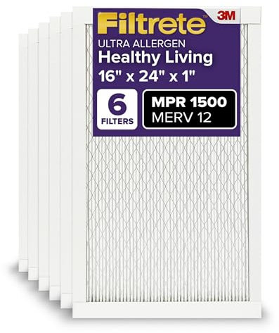 Filtrete 16x24x1 AC Furnace Air Filter, MERV 12, MPR 1500, CERTIFIED asthma & allergy friendly, 3 Month Pleated 1-Inch Electrostatic Air Cleaning Filter, 6-Pack (Actual Size 15.81x23.81x0.78 in)