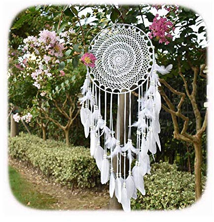 EasyBravo Grand Boho Capteur de rêves Plume Blanche Macramé Tenture Murale Vintage Wedding Home Décorations 35cm Cercle 115cm Long