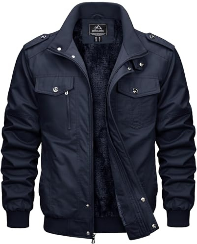 MAGCOMSEN Chaqueta de invierno cálida de forro polar para hombre - Chaqueta cargo militar bomber - Abrigo cortavientos casual con varios bolsillos, azul marino, L