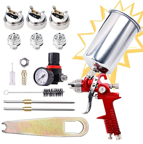 CarBole HVLP lackierpistole Spritzpistole mit 3 Düsen 1.4/1.7/2.5mm und 1000cc/ml Aluminium Tasse,Farbsprühsysteme mit einem Luftdruckregler,Farbspritzpistole kann für Autos,Möbel (Rot)
