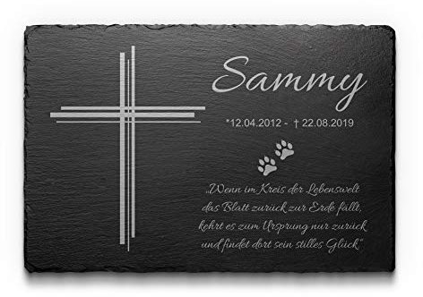 Premium Gedenktafel für Hunde & Katzen aus Schiefer mit Gravur / Foto | Grabplatte Hund mit Bilder schönen Motiven und gradlinigen Kreuz | ideal als Grabstein für ein Urnengrab von Tieren | 30x20 cm