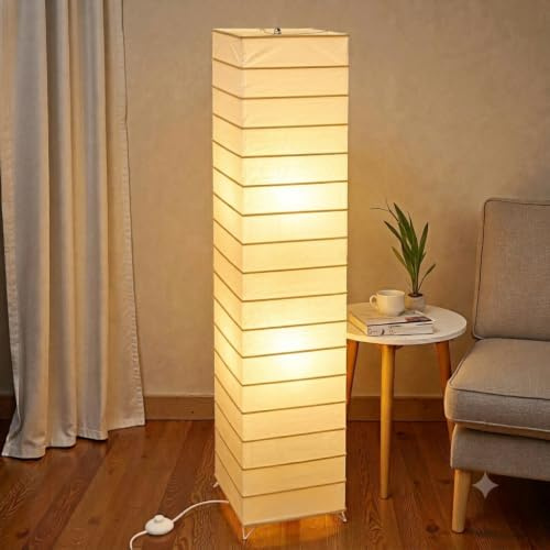 Trango 1214L Modern Design LED Stehlampe *EUROPA* Reispapierlampe *HANDMADE* in Weiß mit Bambus Deko-Stäben incl. 2x E14 LED Leuchtmittel - Form: eckig - Höhe: ca. 125cm - Wohnraumlampe - Stehleuchte