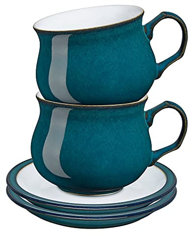 Denby - Greenwich Teacup and Saucer Set of 2 - Dishwasher, Oven, Microwave, and Freezer Safe - Great for Tea & Coffee - Green, White Ceramic Stoneware Tableware - Chip & Crack Resistant