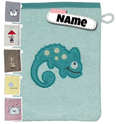 Baby Waschhandschuh personalisiert | 15x20 cm | Waschlappen Kinder mit Namen bestickt | 100% Baumwolle | Frottee | Baby Geschenke (Chamäleon minze)