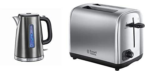 Russell Hobbs 23211 Luna Quiet Boil Electric Kettle, Stainless Steel, 3000 W, 1.7 Litre, Grey & 24080 Adventure Two Slice Toaster, Stainless Steel, 2 Slice, Brushed and Polished