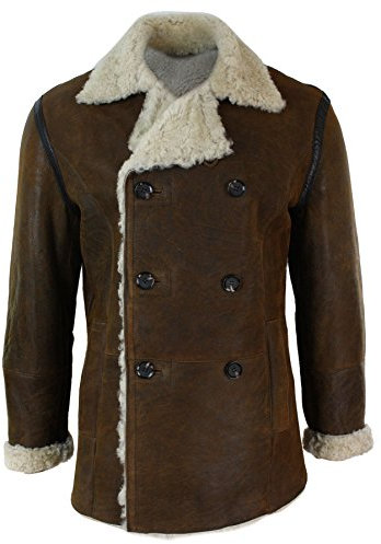 TruClothing.com Herren Lederjacke Leder Schaffell Deutsch Doppelbrust Braun Vintage Schafsleder Jacke