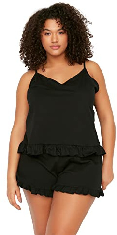 Trendyol kvinnor vanligt stickat linne - shorts plus size pyjamas set, Svart, XXL