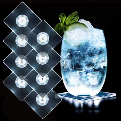 MEDOYOH 8er-Set Quadratisch Kühle Weiß LED Untersetzer für Getränke, ON/Off Wasserdicht Acryl Getränke Untersetzer Leuchtende für Gläser Flaschen Partys Hochzeiten Bar Weihnachten