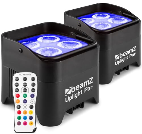 BeamZ BBP94 Uplight LED Par Strahler, 2er Set, 4 x 10 Watt, Akku Bühnenbeleuchtung 2er Set für DJ Pult, Bühnenlicht, DMX-LAN, Partylicht Musikgesteuert, Bühnenequipment, Fernbedienung | Professionelle Abdeckung, DMX-Steuerung, integrierter Akku, perfekt für Hochzeiten und große Veranstaltungen
