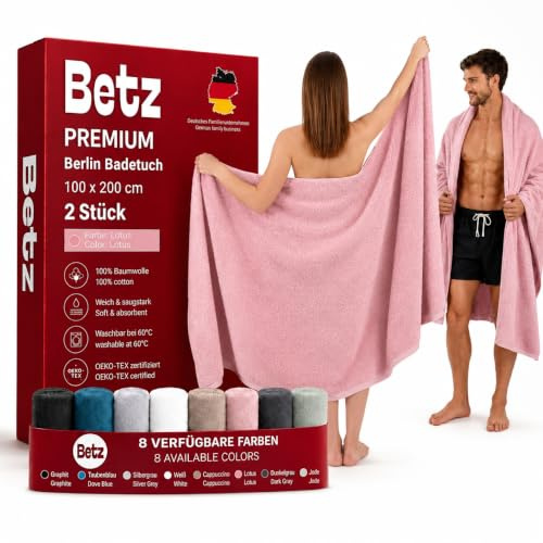 Betz Badetücher XXL 100x200 cm – 2er Set – Saunatücher & Strandtücher aus 100% Baumwolle, 360 g/m² – saugstark & weich – große Handtücher mit Aufhänger – Serie Berlin – Farbe Lotus