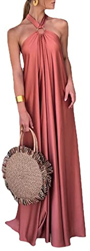 TONXX Vestido largo de satén sexy con cuello halter y espalda descubierta, largo hasta el suelo, hombros descubiertos, plisado, acampanado, para fiestas