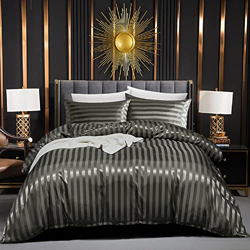 Luofanfei Gestreifte Bettwäsche Grau 200x220 Satin Glänzend Glanzsatin Graue Bettwäsche Set Sommer Uni Muster Seide Glatt Luxus Bettbezug Doppelbett Set mit Reissverschluss und Kissenbezüge 80x80 cm