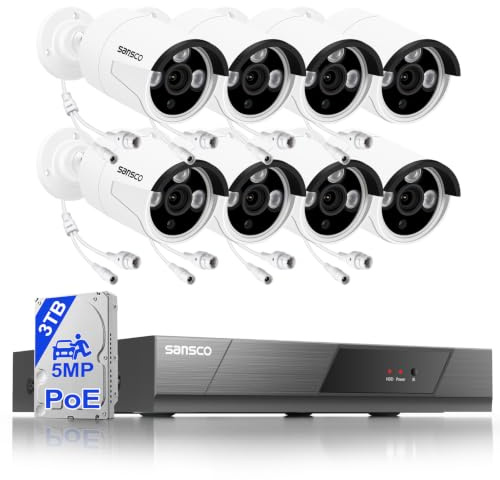SANSCO 3K PoE 8CH Home Business CCTV Camera System Outdoor 1TB Hard Drive | 8x Wired 5MP PoE Security IP Camera, Face/Human/Vehicle Detect, 24/7 Audio Recording, Color Night Vision, Remote Access, IP67