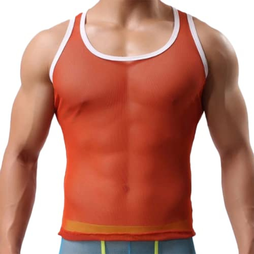 JPXJGT Camiseta sin Mangas de Malla Transparente para Hombres Erótica Camisetas Interiores Manga Chaleco Rejilla Fishnet Clubwear(Color:Red,Size:XL)
