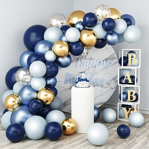 WAREHOUSE Luftballons Girlande Blau, 133 Stück Ballons mit Navy Blau, und Gold Konfetti Ballons, für Geburtstagsdeko Junge Hochzeit Babyparty Taufe Verlobung Party Deko