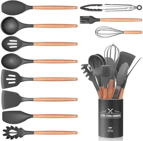 12 PCS Kitchen Utensil Set, Silicone Cooking Utensils with Holder, Natural Wooden Handle Cookware Tongs Spatula Spoon Set, Non Stick & Heat Resistant, Dishwasher Safe(Grey)
