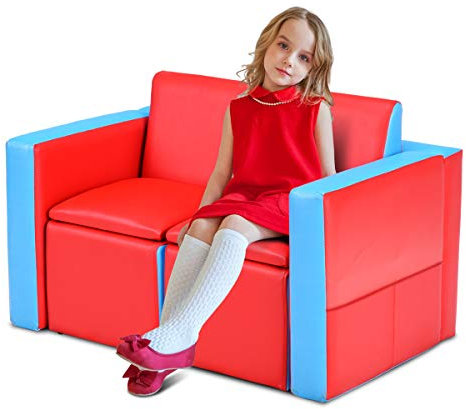 GOPLUS 2 in 1 Kindersofa, Kindertisch mit 2 Stühlen & verstecktem Stauraum, 2-Sitzer Kindercouch mit Armlehnen & Seitentaschen, Kindermöbel mit wasserdichtem PVC-Bezug für Kinderzimmer (Rot)