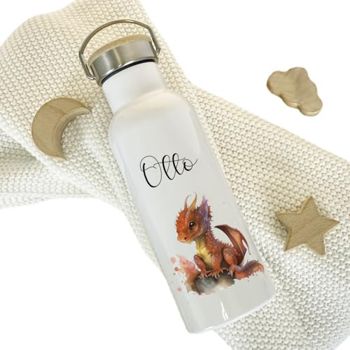 Kinder Trinkflasche mit Namen für Mädchen und Jungen personalisiert/Edelstahl Thermosflasche für Kita Schule als Geschenk | Manufaktur Liebevoll (Roter Drache)