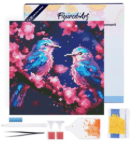 Figured'Art Mini Diamond Painting Erwachsene 25x25cm Mit Rahmen Ganze Leinwand gespannt Schimmernde Blaumeisen 5D Bilder Runde Steine - DIY Set Basteln