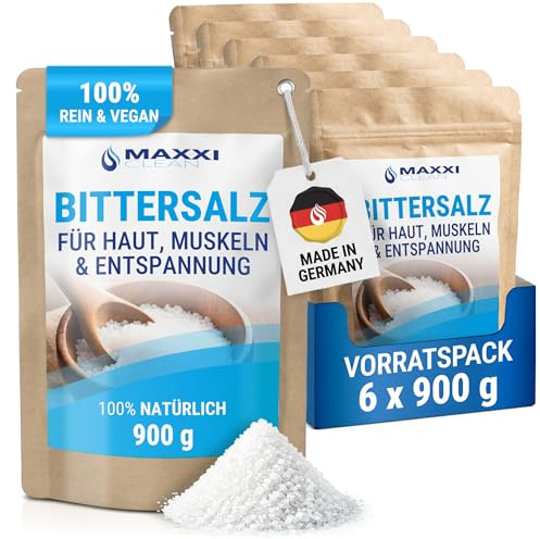 Maxxi Clean | 5X 900 g (+1 gratis) hochreines Bittersalz | Badesalz für Wellness & Körperpeeling | Epsom Salt zur puren Entspannung für Muskeln, Haut und Seele | Magnesium geeignet zur Gartenpflege