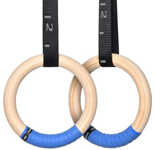 Turnringe Gymnastikringe, hölzerne Olympische Ringe, 1500/1000 Pfund, mit Verstellbarer Nockenschnalle, 14,76 Fuß Lange Riemen, rutschfeste Turnringe