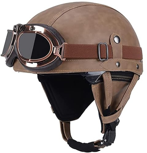 Casco Jet Vintage Omologato ECE,Mezzo Casco Moto Pelle D'epoca Con Occhiali Da Aviatore,Caschi Scooter Caschi Street Cruiser Da Uomo E Da Donna 55-62CM A,M