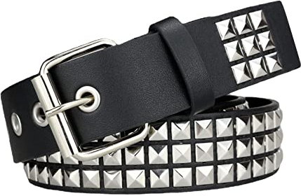 Y2k Secene Kostüm Damen Herren Gothic Gürtel PU Leder Punk Gürtel Fäden Nieten Pyramide Nieten Bullets Metallgürtel, Schwarz , 115 cm