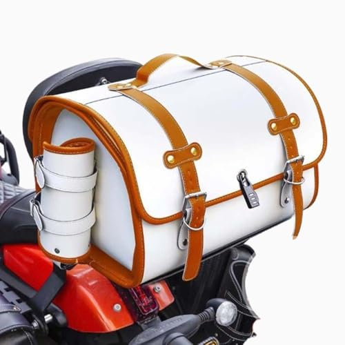 JDUYHS Motorrad Hecktasche für Yamaha FJ 09 2015-2018, Motorrad Topcase Große Kapazität Topcase für Roller Motorrad Werkzeugtasche Leder wasserdichte Packtaschen, E White+Brown