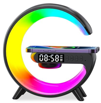 Lampara en Forma de G, Lampara Mesita de Noche con Altavoz Bluetooth Lamparas LED Mesita de Noche con Cargador Inalambrico Lámpara LED Inteligente, 10 Modos de Luces para Oficina, Dormitorio (Negro)