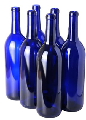 FastRack 750 ml Blue Wine Bottles (Pack of 6), Bordeaux/Flint Flat-Bottomed Glass Bottles Ideal for Wine Making and Storage - NO CORKS INCLUDED