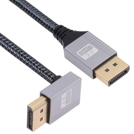 xiwai Câble DisplayPort coudé vers DP 4K 60 Hz 90 degrés avec manchon argenté ultra HD UHD pour ordinateur de bureau, ordinateur portable, moniteur carte graphique, 1 m