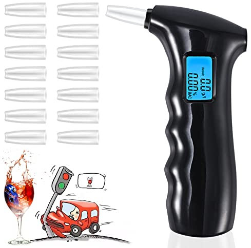 RUTIDA Misuratore di alcol, misuratore di alcol, con 14 bocchini, tester di alcool professionale con display LCD blu digitale e sensore semiconduttore