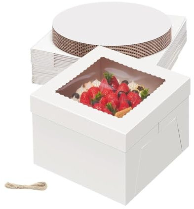 Lot de 10 boîtes à gâteau avec planche à gâteau et 1 corde de chanvre et 2 feuilles d'autocollants, boîte à gâteau avec fenêtre blanche, boîte à gâteau pour le transport, les pâtisseries (25,4 x 25,4