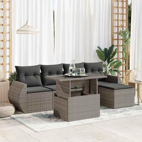 IKAYAA Rattan Gartenmöbel Set mit stauraum Polyrattan Lounge mit Verstellbare Tischplatte Balkon Lounge Gartenlounge Outdoor Lounge möbel Outdoor mit Kissen-Grau-6-tlg