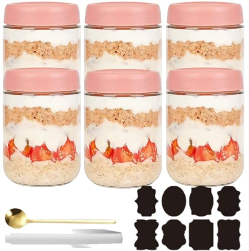 CNKHDZ 4 st blå 300 ml övernattning havregryn måltid prep sallad mat müsli mellanmål behållare pudding yoghurt förvaring förseglad burk (6rosa, 500 ml)