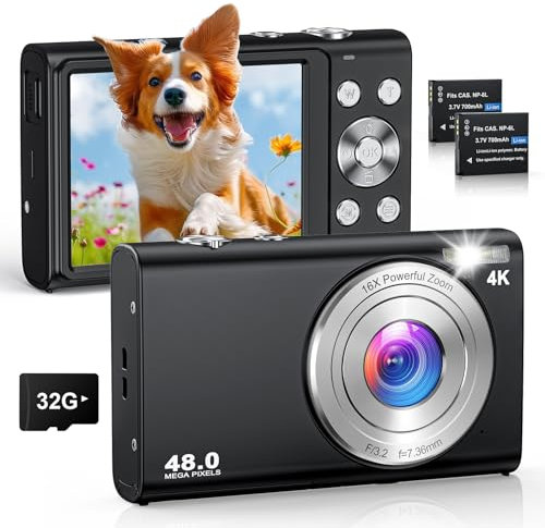 Appareil Photo Numérique Compact 4K HD 48MP Autofocus avec 32G Carte,Lentille 2.8 LCD Digital Camera avec 16X Digital Zoom pour débutants