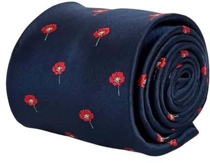 Frederick Thomas Men’s Navy Blue Necktie With Red Poppy Floral Design, Classic Office 8cm Width Perfect For Weddings, Formal Wear, Office And Occasions