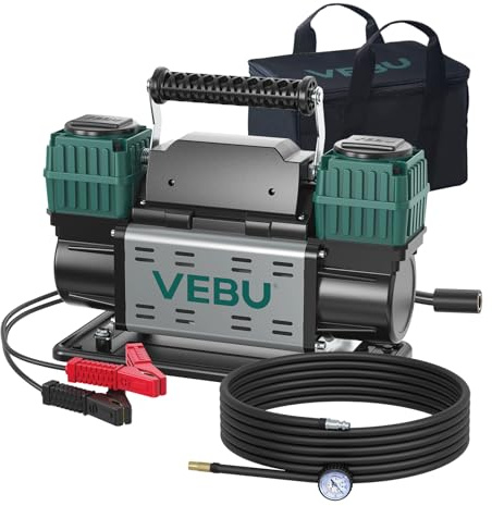 VEBU Heavy Duty Air Compressor 12V Tire Inflator, Dual Cylinder 125PSI with In-line Pressure Gauge, 10.6CFM Fast Inflation for Off-road Vehicles, Trucks, SUVs, RVs, ATVs, DC Power, Corded Electric