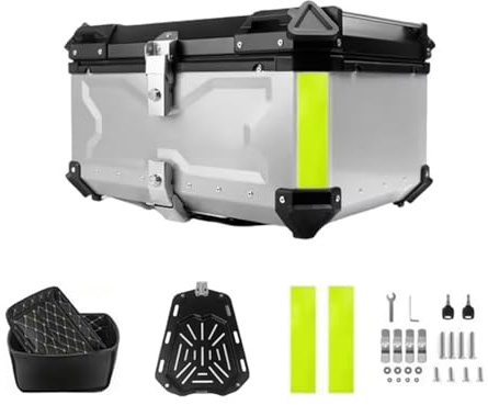 Oamger Top Case Moto Universale 80L, Bauletto universale, Alluminio Motorcycle Trunk con Adesivo Riflettente, Bauletto universale per Caschi, Stivali, Guanti e Altre Equitazione (Argento (B))